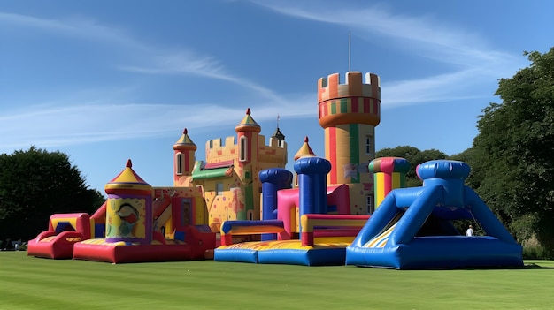 A bouncy castle is set up in a bounce house.