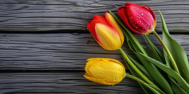 Bound golden and crimson tulips with droplet on timber tabletop