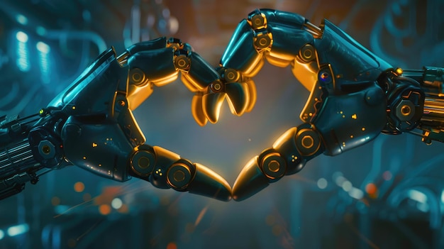 Photo boundless love human and robot hands unite in heart shape against tech backdrop automation love