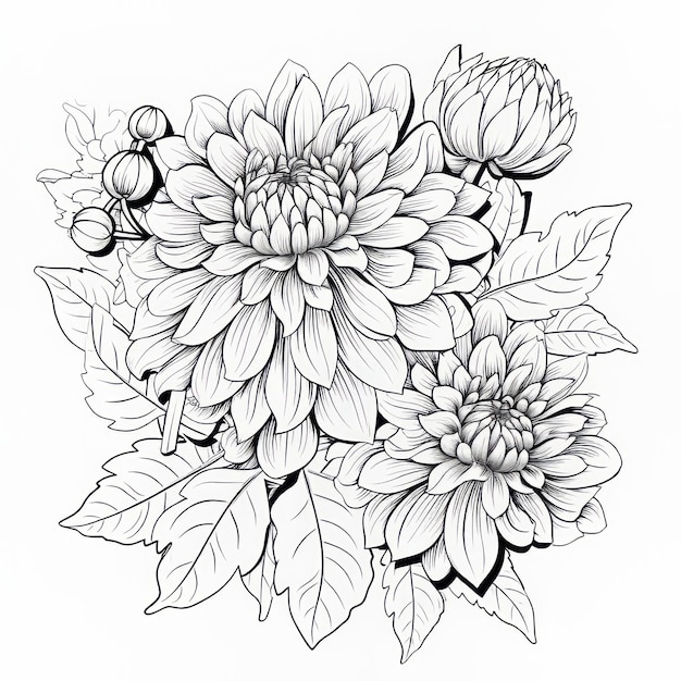 Bountiful Blooms Dahlia kleurpagina voor kinderen op een witte achtergrond