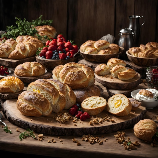 Bountiful Bread and Pastries A Feast on a Wooden Board