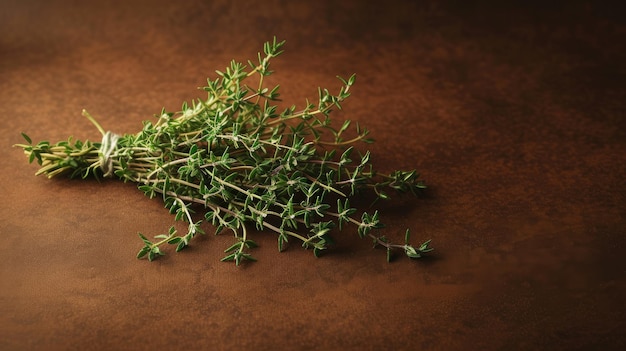 Photo a bountiful bunch of fresh thyme on a rich brown background highlighting the intricate textures and vibrant colors of the herb