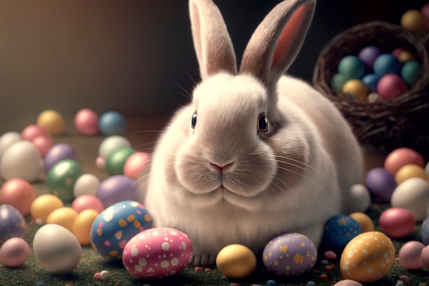 Bountiful Easter Adorable Bunny Surrounded by Easter Eggs