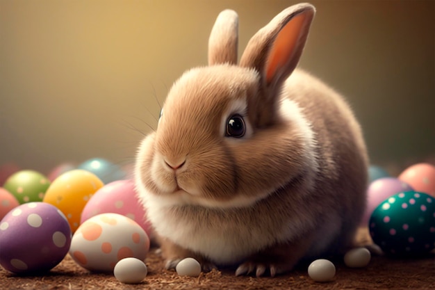 Обильный пасхальный очаровательный кролик в окружении пасхальных яиц