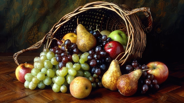 豊かなリンゴの収梨とブドウが織られたバスケットから溢れ出しています