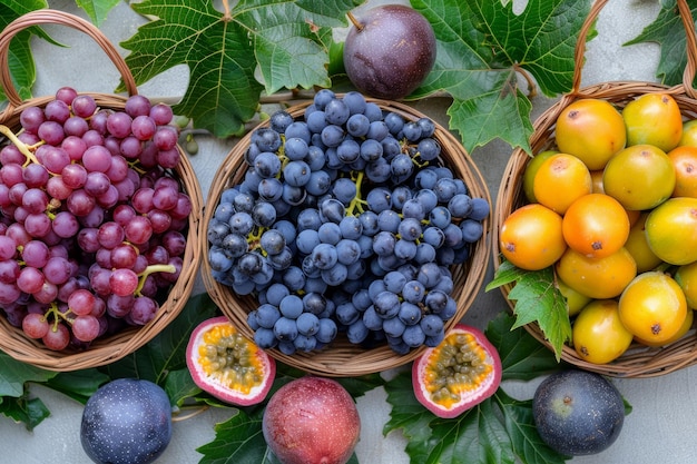 Photo bountiful harvest of bayberry grape and passion fruit in a top view generative ai