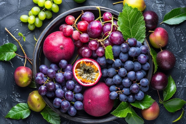 Photo bountiful harvest of bayberry grape and passion fruit in a top view generative ai