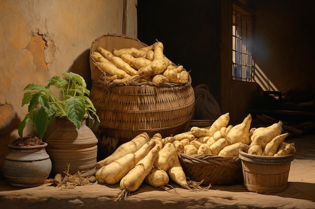 A bountiful harvest of cassava roots a rustic scene created with generative ai