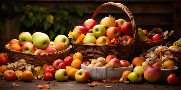 bountiful harvest in the crisp autumn air with baskets overflowing with ripe apples and acorns