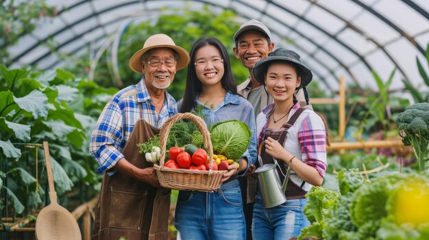 Bountiful Harvest Harmonious Multigenerational Farming Partnership in Vibrant Greenhouse Field