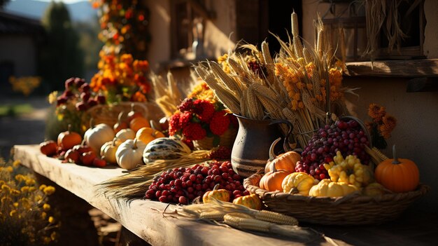 Photo bountiful harvest in a rustic farmhouse setting