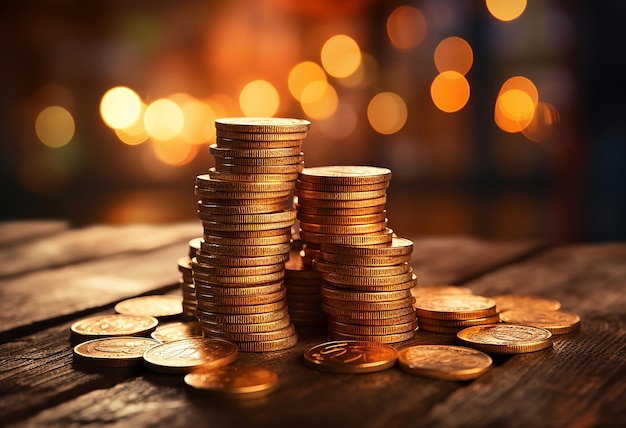 Bountiful Prosperity Stack of Gold Coins on Table in Bookish Style