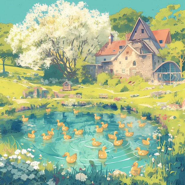 Bountiful Spring Pond with Ducks and Cottage Illustration