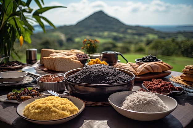 Bountiful table with Brazilian foods and iconic landscape generative IA