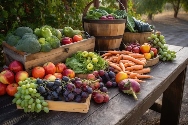 Bounty of fresh fruit and veggies on wooden picnic table created with generative ai