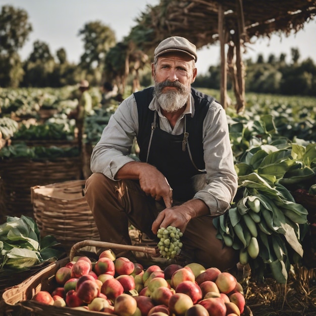 Photo bounty of the harvest farmers with fruits