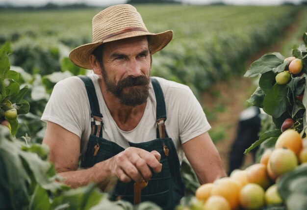 Photo bounty of the harvest farmers with fruits