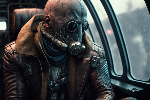 Bounty hunter with gas mask and leather jacket inside spaceship Generative AI