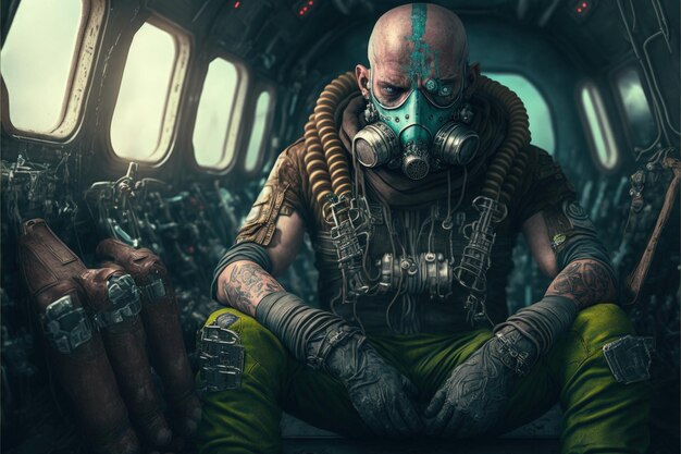 Bounty hunter with gas mask and leather jacket inside spaceship Generative AI