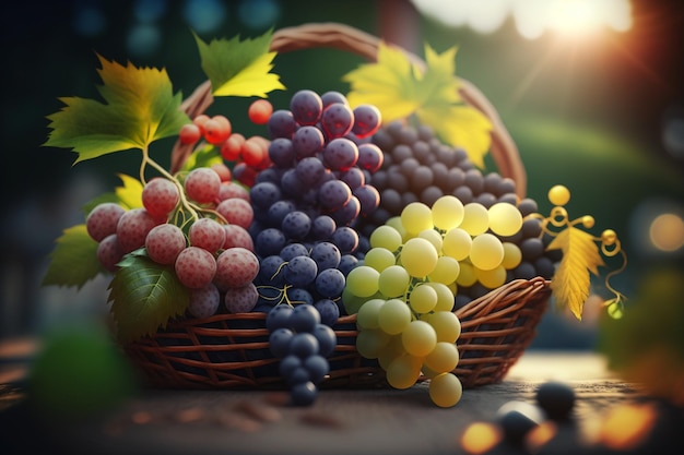 Щедрость виноградника Красный и зеленый виноград в плетеной корзине