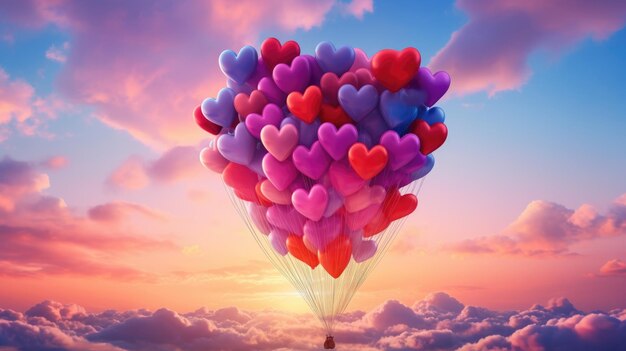 Bouquet of 100 balloons in the form of hearts in the clouds in the sky with pronounced clouds film photography in a romantic style