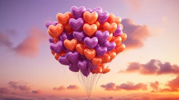 Bouquet of 100 balloons in the form of hearts in the clouds in the sky with pronounced clouds film photography in a romantic style