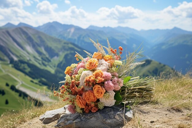 Foto un bouquet sullo sfondo di un paesaggio montuoso