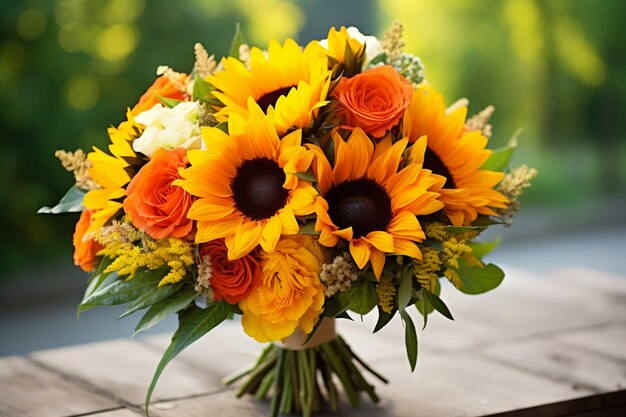 Bouquet against a backdrop of a mountain landscape