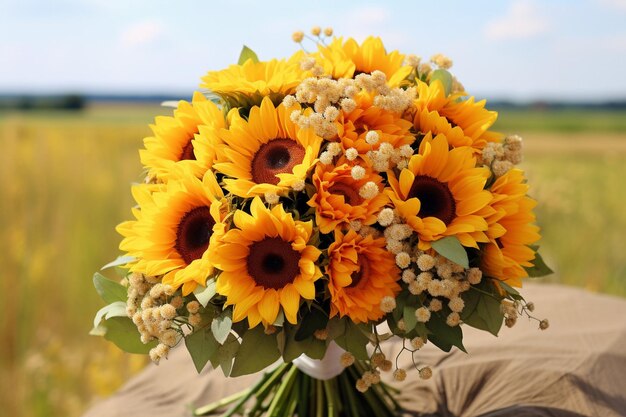 Bouquet against a backdrop of a mountain landscape