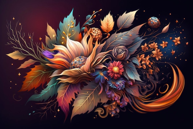 A bouquet of autumn flowers with autumn leaves cosmic style