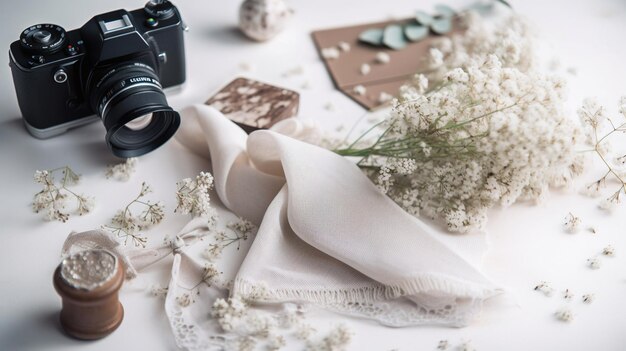 A bouquet of baby's breath sits on a table with a camera and a camera.