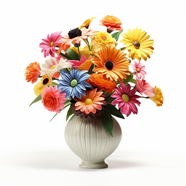 Photo bouquet of beautiful colorful gerbera flowers in vase on white marble table against light blue