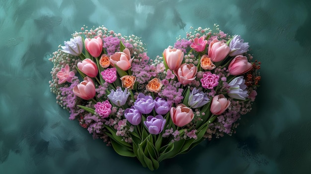Букет красивых свежих многоцветных цветов розы тюльпаны форма сердца пастель-голубой фон