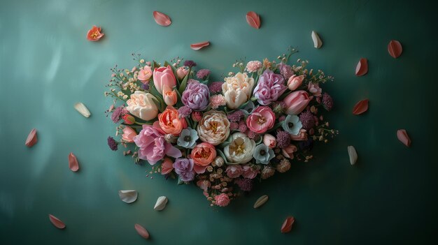 Photo bouquet beautiful fresh multi colored flowers roses tulips the shape heart pastel blue background