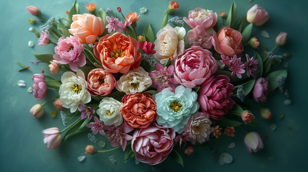 Foto bouquet bellissimi fiori freschi multicolori rose tulipani la forma cuore sfondo blu pastello