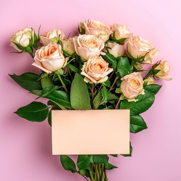 Bouquet of beautiful fresh roses with a card on a pink background top view Valentines Day Mothers day