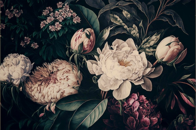 Bouquet of beautiful garden flowers on black background Vintage Created with Generative AI technology