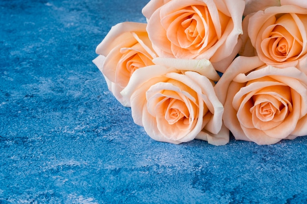 Bouquet of beautiful peach color roses on a blue and white acrylic paint