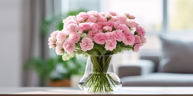 Bouquet of beautiful Pink carnations flowers in green sage color vase on wooden table