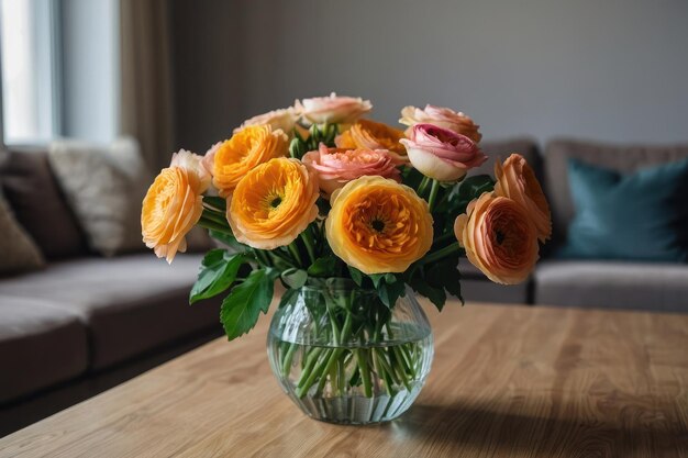 Bouquet of beautiful ranunculuses on table in living room