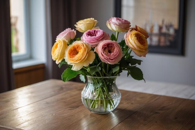 Bouquet of beautiful ranunculuses on table in living room