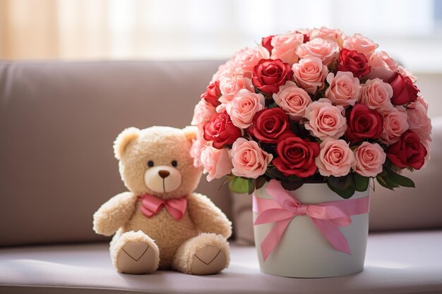 美しい赤とピンクのバラの花束 弓と可愛いテディベアのぼんやりした背景の箱の花