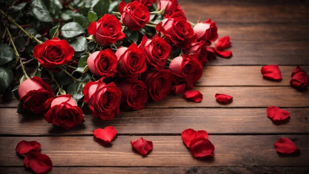 Bouquet of beautiful red roses on a wooden surface