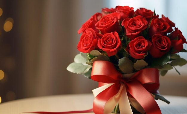 Photo bouquet of beautiful red roses on wooden table closeup