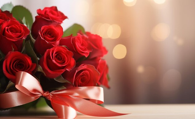 Photo bouquet of beautiful red roses on wooden table closeup