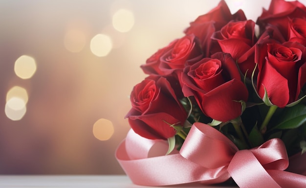 Photo bouquet of beautiful red roses on wooden table closeup