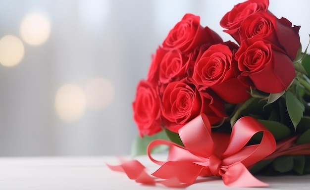 Photo bouquet of beautiful red roses on wooden table closeup