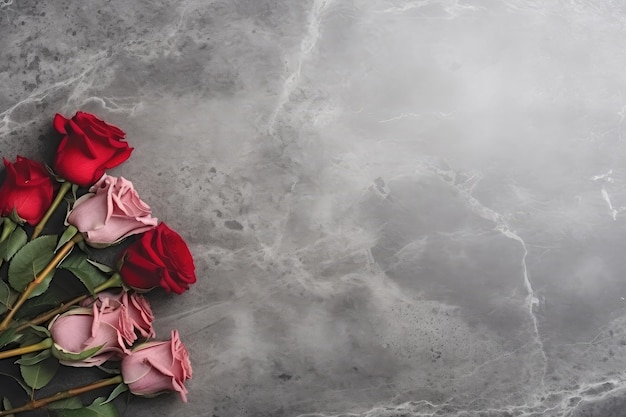 Букет красивых роз на сером мраморном столе для текста