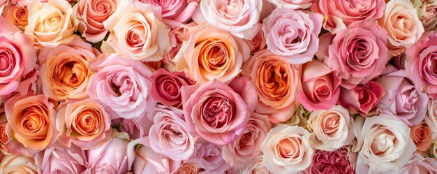 A bouquet of beautiful roses in various shades of pink and peach arranged to create an elegant floral background for wedding or Valentines Day cards