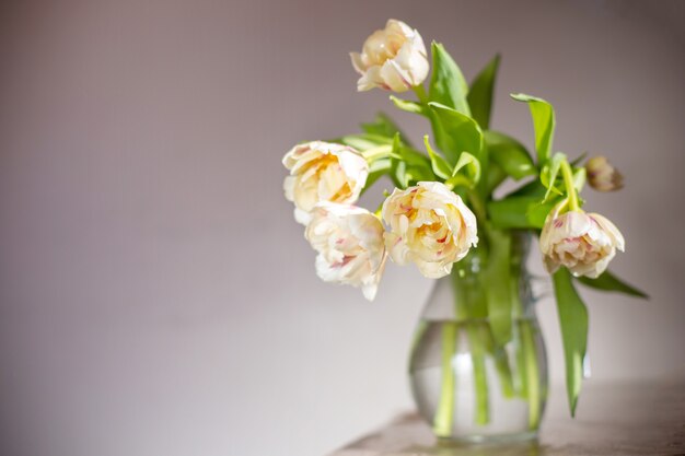 Bouquet di bellissimi tulipani copiare lo spazio celebrazione della giornata internazionale della donna sfondo muro bianco interni scandinavi